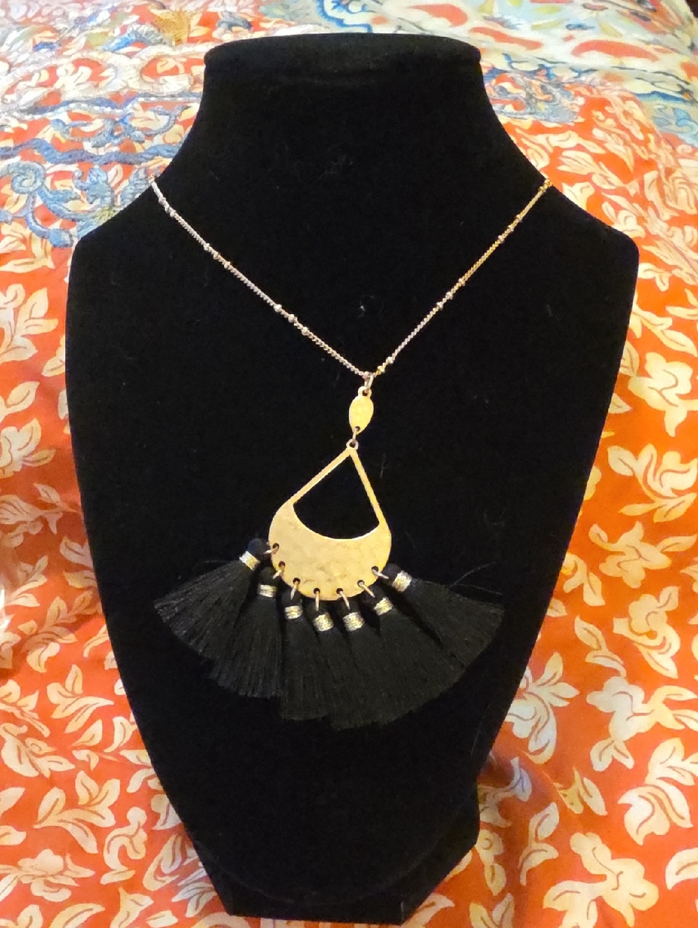 Gold-Tone Black Tassel Pendant Necklace With Matching Earrings